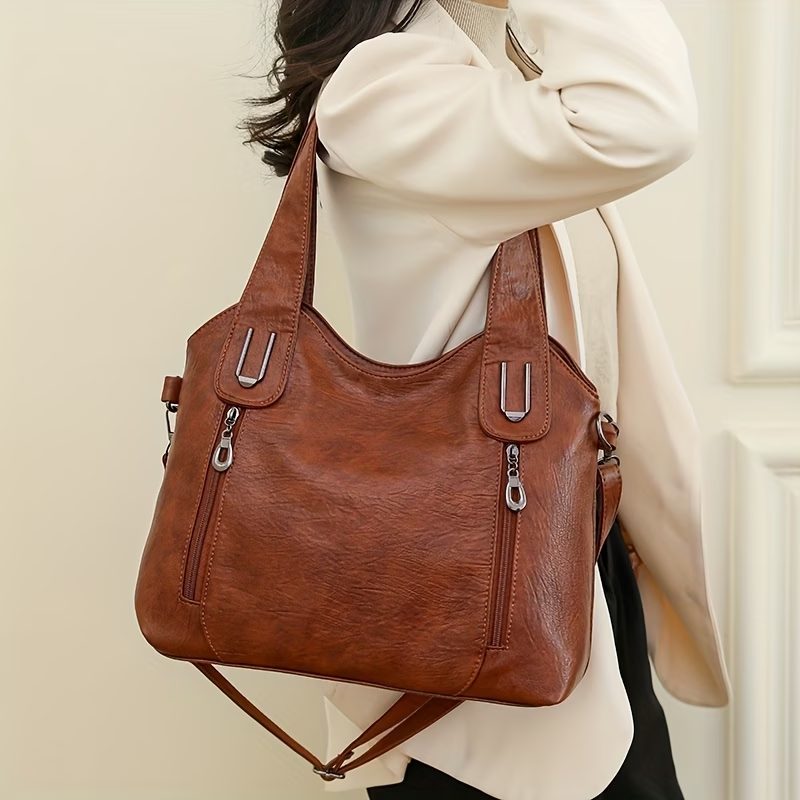 1pc Women's Large Capacity Tote Bag, Synthetic Synthetic Leather Shoulder Handbag with Removable Strap, Zipper Closure, Polyester Lined