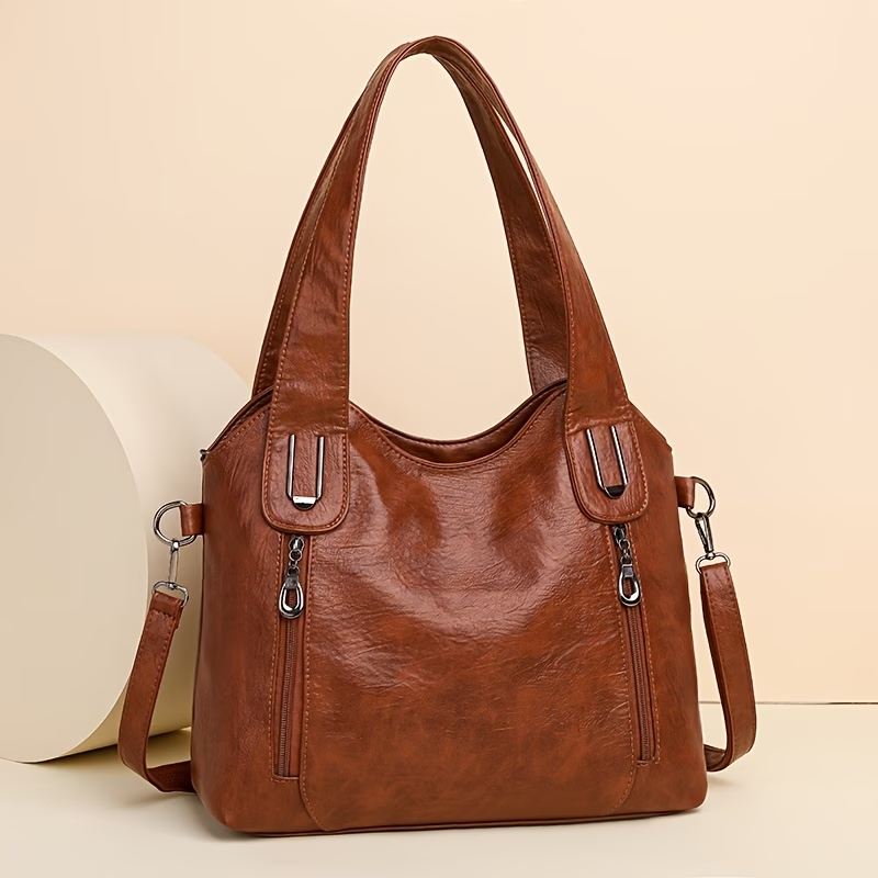 1pc Women's Large Capacity Tote Bag, Synthetic Synthetic Leather Shoulder Handbag with Removable Strap, Zipper Closure, Polyester Lined