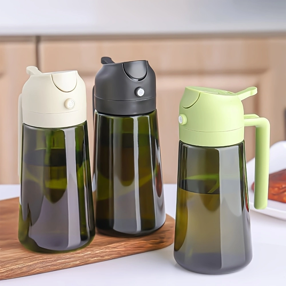 2-piece openable push-button oil spray bottle, 470ml glass spray and invert dual-use oil bottle, household olive oil spray bottle, automatic back-suction nozzle, double seal to prevent leakage when inverted.