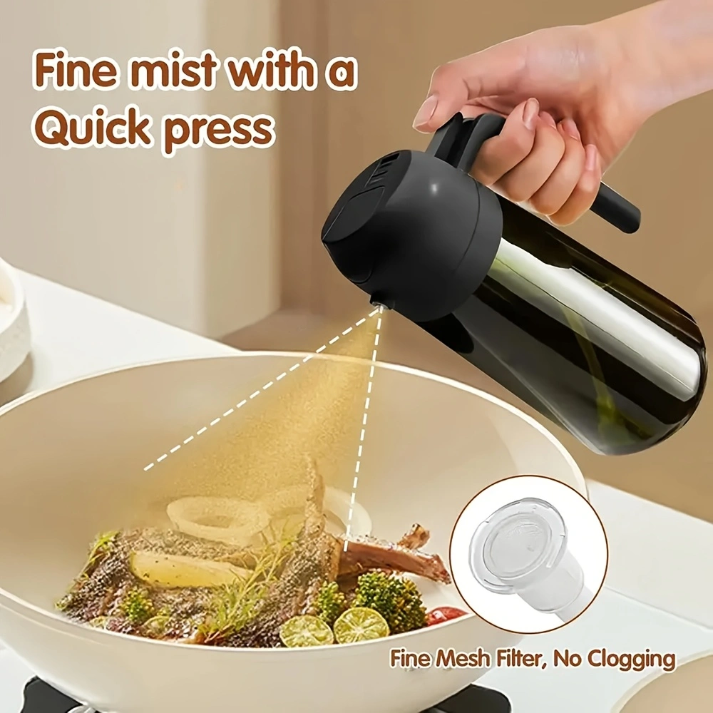 2-piece openable push-button oil spray bottle, 470ml glass spray and invert dual-use oil bottle, household olive oil spray bottle, automatic back-suction nozzle, double seal to prevent leakage when inverted.