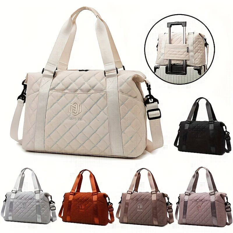 Large Capacity Quilted Travel Duffel Bag with Rhombus Pattern, Solid Color Overnight Carry-On Tote with Multiple Storage Pockets