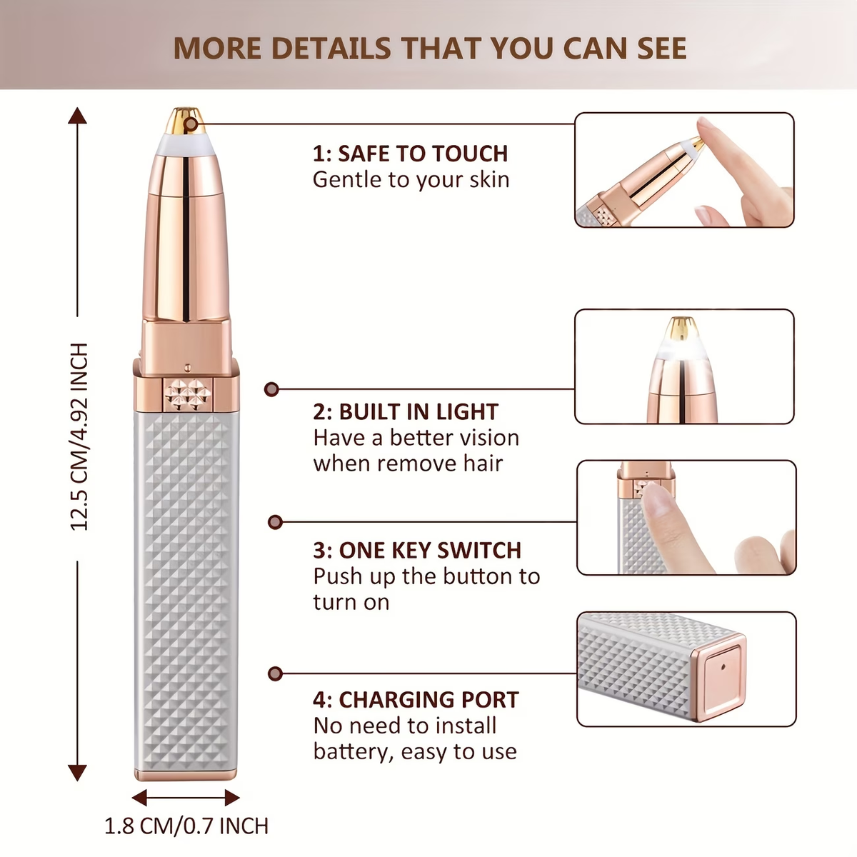 1pc Eyebrow Trimmer & Facial Hair Removal for Women, 2in 1 Eyebrow Razor and Painless Hair Shaver Rechargeable with Built-in LED Light for Face Peach Fuzz Eyebrow Lips Body Chin Arms