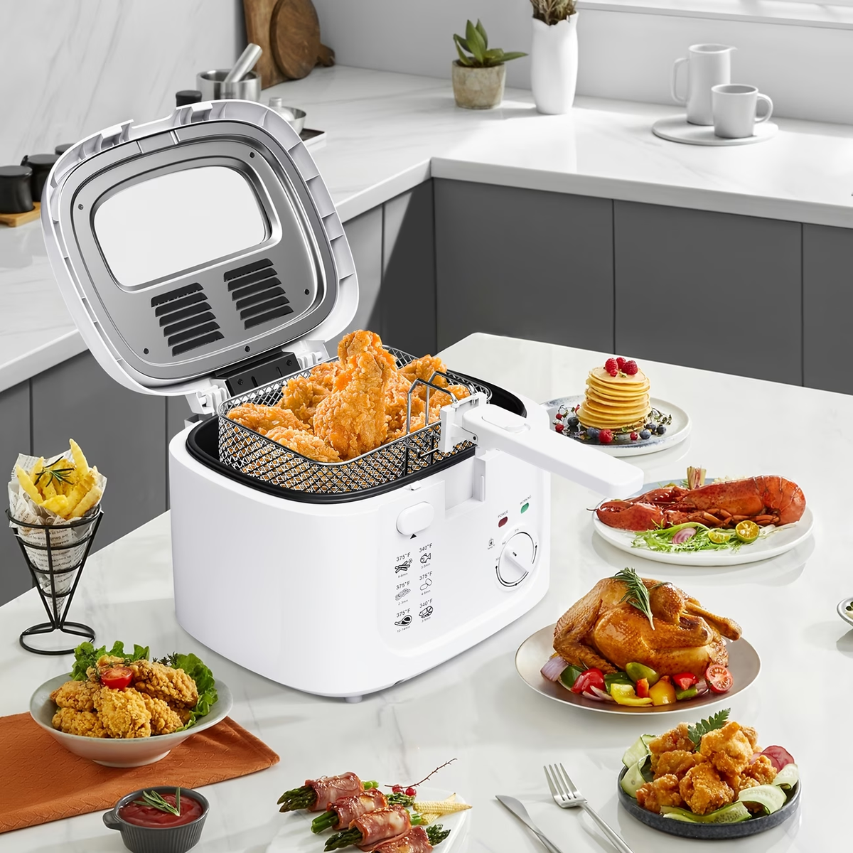 1500W Electric Deep Fryer with Adjustable Temperature Control, 84.54oz Non-Stick Basket & Viewing Window, Removable Lid for Easy Cleaning, One-Touch Switch, Christmas Gift
