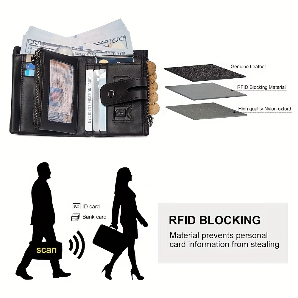 Men's Wallet With Chain - Genuine Leather Short Wallet RFID Blocking Card Holder Double Zipper Coin Pocket Anti-Theft Wallet - For Men - Suitable for Everyday Use - Ideal Gift for Father's Day, Birthday
