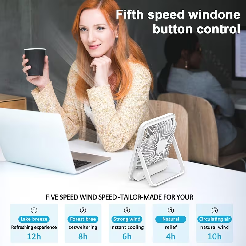 Rechargeable Table Fan with a 1800Mah Battery, Featuring a 180° Foldable Design And Power Display. This Ultra-Quiet Desktop Fan Is Ideal for Home, Office, Travel, And Outdoor Use, Offering 5 Speed Settings