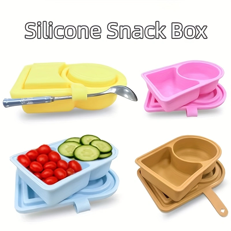 Food-grade silicone dip container with portable lid, reusable double compartment seasoning box, silicone snack box
