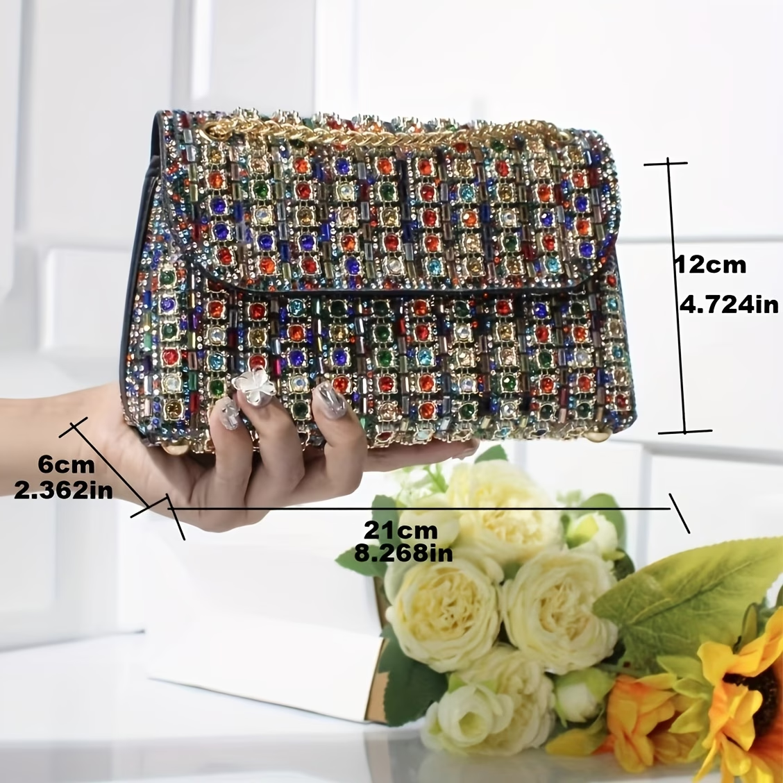 Rhinestone Clutch Bag Women'S Evening Bag, Sparkling Handheld Party Wallet, Texture, Full Diamond Heavy Decoration, Large Capacity, Golden Chain Shoulder Strap, Suitable For Dinner, Party, Formal Events, Halloween Gifts, Christmas Gifts