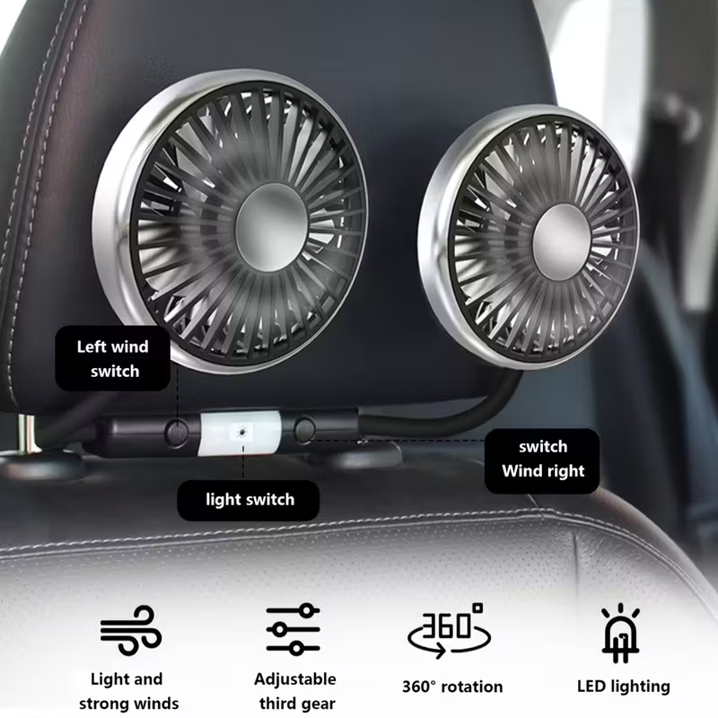 A Dual-Head Hose Fan for Cars, Featuring a USB Interface for The Rear Seat, Offers 360° Rotation And Three-Speed Strong Airflow. This USB Device Is Designed for Cooling in Vehicles And Is Also Compatible with Laptops