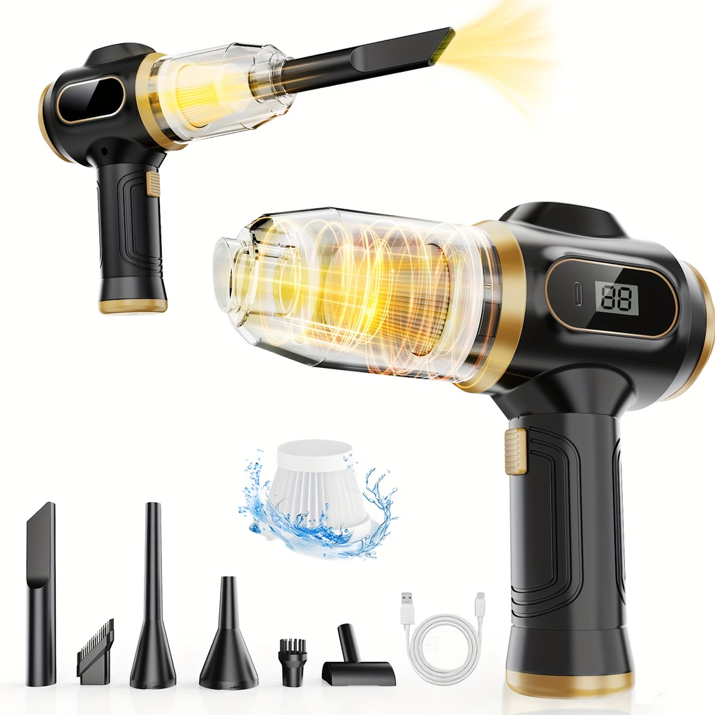 High-Power Handheld Vacuum Cleaner with Strong Suction - Fast Cleaning, Includes Crevice Tool & Multiple Accessories and Brushes, USB Charging, Blowing and Sucking Function, for Home and Car Use, Hair Removal, Quick Cleanup, Ergonomic Grip