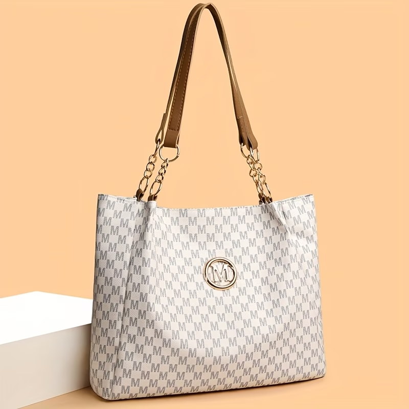 Women's Vintage Prescription-Style Shoulder Bag, Large Capacity Letter-Print Tote Bag, Daily Commute Handbag, Outing and Shopping Carryall Purse