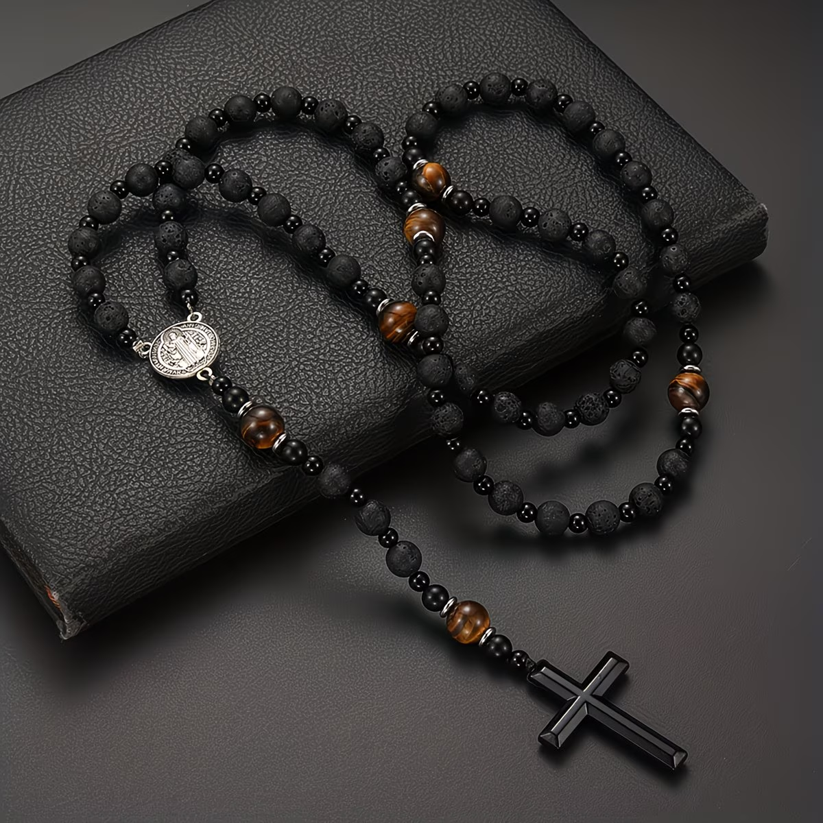 Trendy Cool Black Round Bead Yellow Tiger Eye St. Benedict Pendant Pendant Necklace Women Men Jewelry Gift