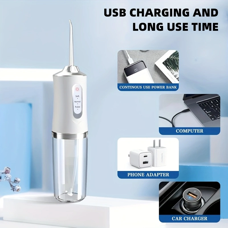 Large-capacity oral irrigator, tongue cleaner, teeth rinser; portable USB rechargeable; deep cleaning of teeth; comes with 4 cleaning heads.