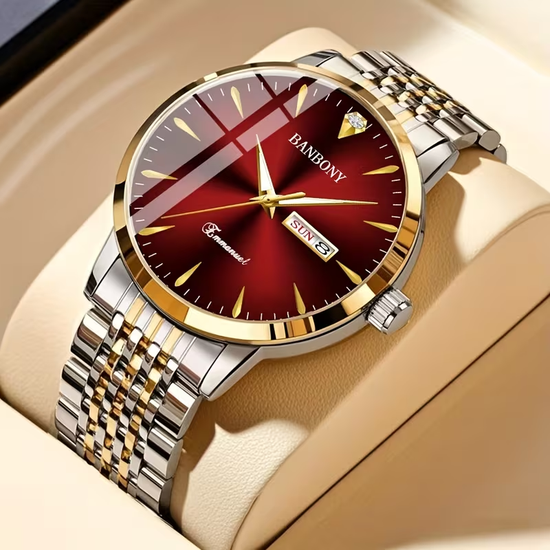 New Banbony Unisex Stainless Steel Quartz Watch with Rhinestone Accents, Water-Resistant IPX7, Sleek HD Dial, Date Display, Golden-Tone Finish - Ideal for Casual Wear, Parties, and Gifts