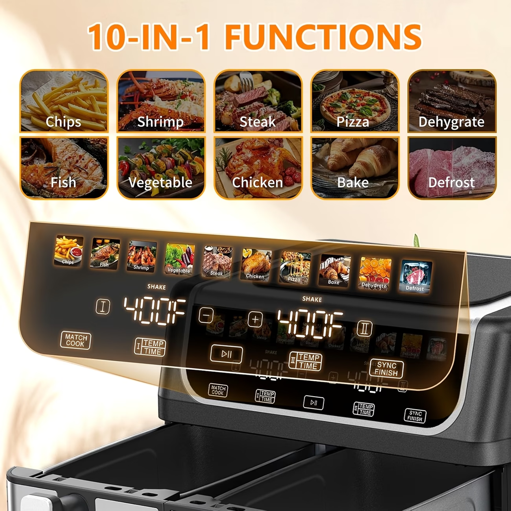 9.5 Quart Large Dual Basket Air Fryer with Double Basket, Independent Temp Control & Sync Mode, 10 Presets (Bake/Broil/Defrost/Dehydrate), Shake Reminder System, Compatible for Plug for Appliance