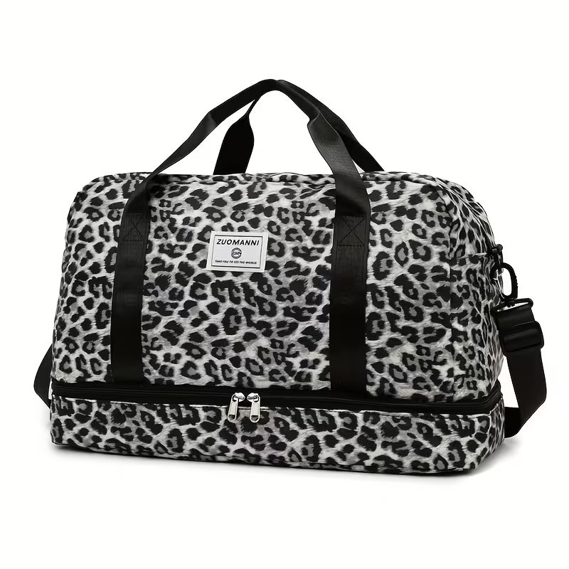 Trendy Leopard-Patterned Suitcase with Ample Space, Featuring a Separate Compartment for Shoes, an Adjustable Shoulder Strap, Ideal for Gym, Yoga, And Weekend Getaways, As Well As Leisure Activities And Outdoor Camping