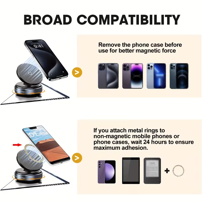 Adjustable Vacuum Magnetic Suction Cup Phone Holder, Suitable for Car/Gym/Mirror/Smooth Surfaces Hands-Free Stand, Compatible with All Smartphones