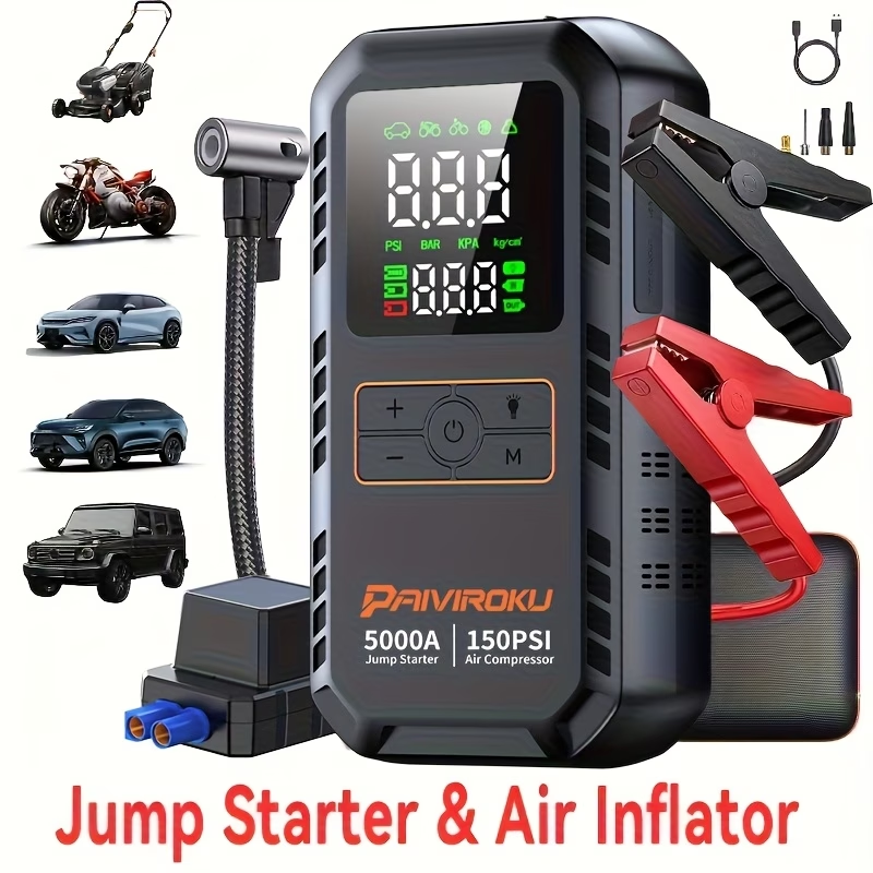 7-in-1 Portable Jump Starter with Air Compressor, 150 PSI Air Pump for Car Tires, 5000A Peak Jump Starter for Car (7.0LGas/1.59gal Diesel), LCD Display, LED Flashlight and Emergency Light, QC3.0 Fast Charging Portable Power Bank