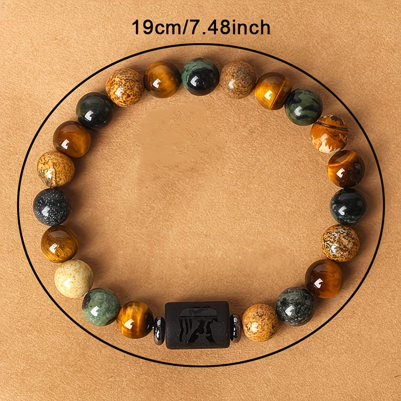1pc 12 Constellations Zodiac Natural Stone Beaded Twelve Constellations Tiger Eye Stone Picture Stone Birthday Gift Valentine'S Day Gift Zodiac 19Cm/7.48Inch