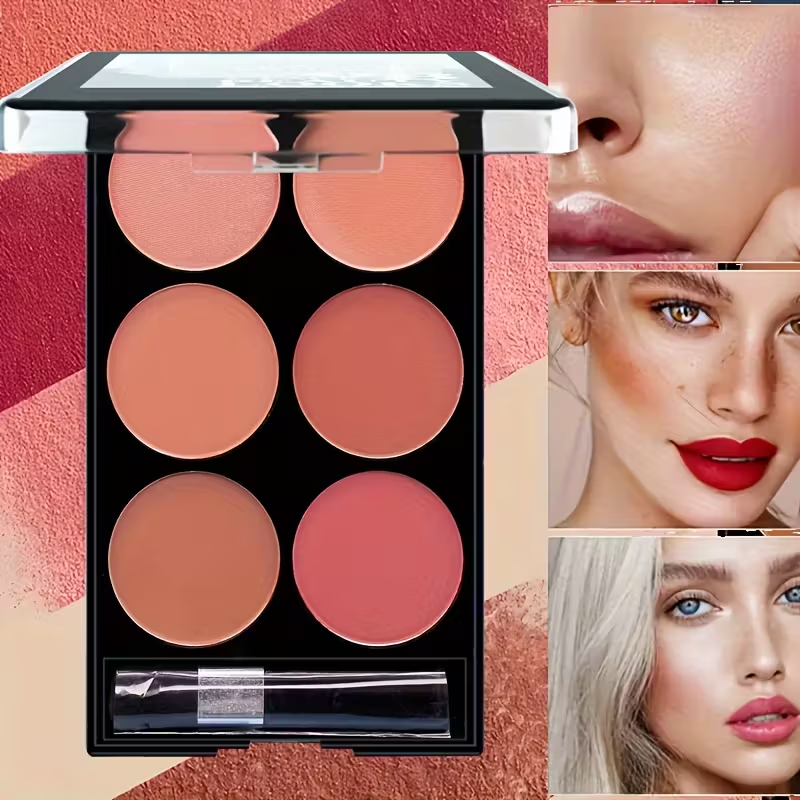 6-Color Waterproof Blush Palette - Easy-to-Apply, Natural 3D Makeup Look, Shade Enhancement for All Skin Tones, Matte & Shimmer Finishes in Red Hues, Makeup Palette