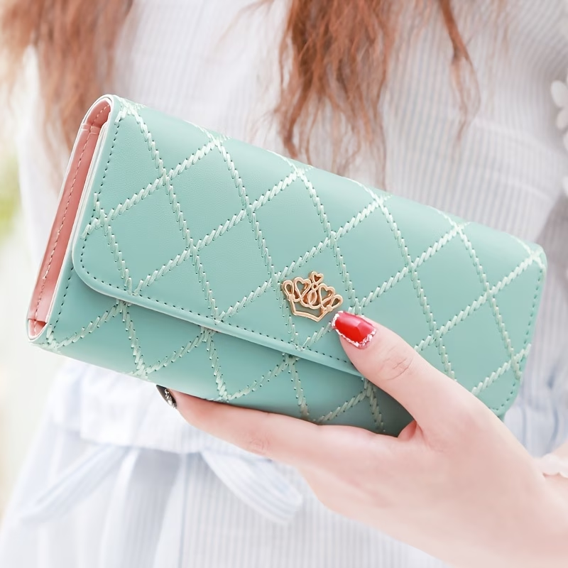 New Fashion Metal Crown Women's Wallet Tri-fold Wallet Long Large-capacity Mini Wallet Zipper Synthetic Leather Wallet