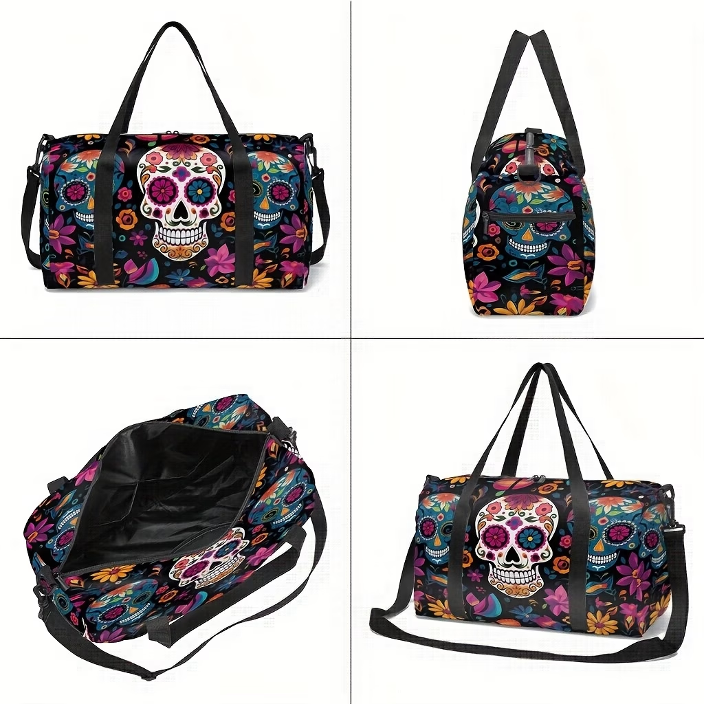 Mandala And Skull Flower Combined Print Travel Bag, Men'S And Women'S Trendy Outdoor Luggage Bag, Sports Yoga Bag