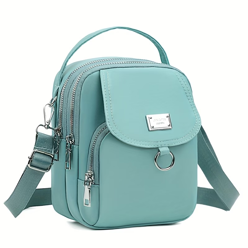 OGEHUAFEE Women'S Light Blue Nylon Shoulder Bag - Casual Mini Crossbody with Adjustable Strap, Multi-Layer, External Headphone Hole, Solid Color, Secure Zip Closure, Small Crossbody Bag