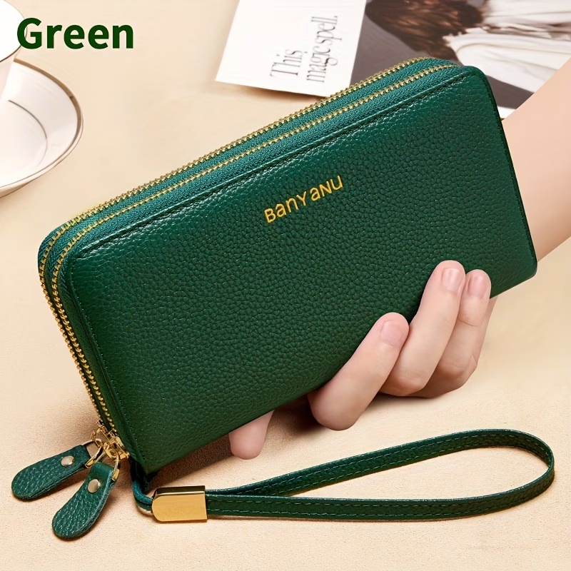 Women'S Long Wallet, Stylish And Spacious, Made of Top-Layer Cowhide, Double Zipper Genuine Leather Clutch Bag 9009
