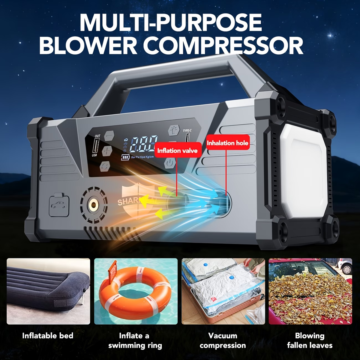 18000A/20000A 15-In-1 Car Jump Starter with Air Compressor And Enhanced Blower, Powered by a 12V Car Battery (Suitable for All Gasoline Cars And 2.64gal Diesel Cars), Equipped with a 200PSI Tire Inflator, 20000Mah Battery, And 3-Mode Flashlight