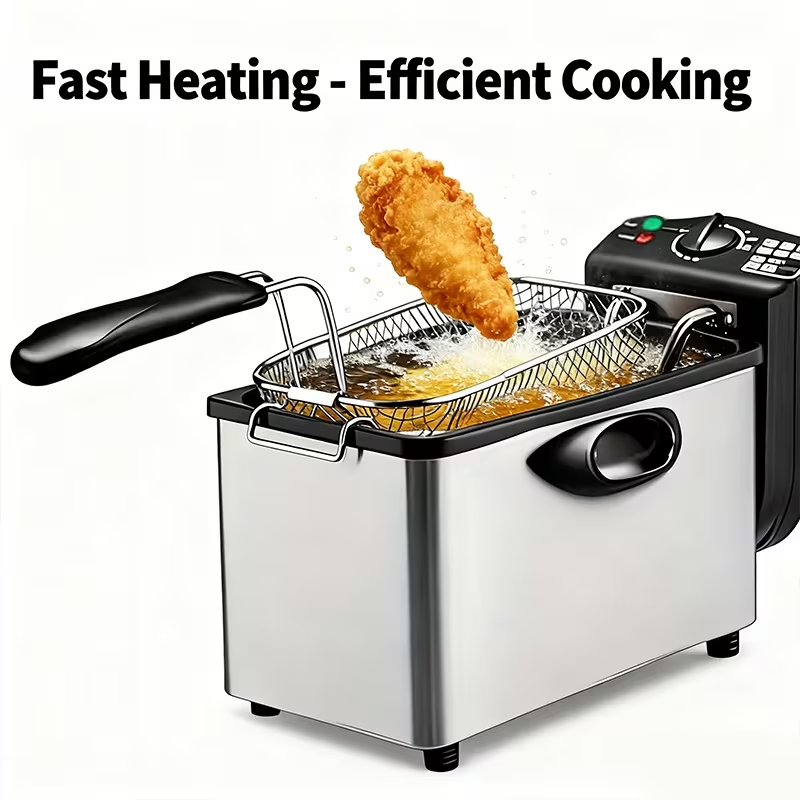 Electric Deep Fryer with a Stainless Steel Basket, Removable Lid, And Oil Container