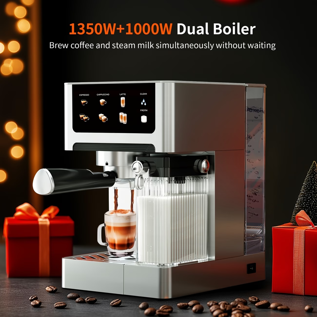 20-Bar Dual Boiler Espresso And Cappuccino Machine - 3-in-1 Latte Coffee Maker With Automatic Milk Frother And LED Touch Control