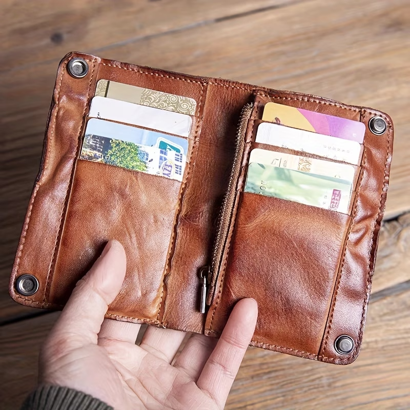 Retro Vegetable Tanned Leather Handmade Wallet Men'S Genuine Leather Zipper Bag Multi-Card Slot First Layer Cowhide Handmade Old Large Capacity