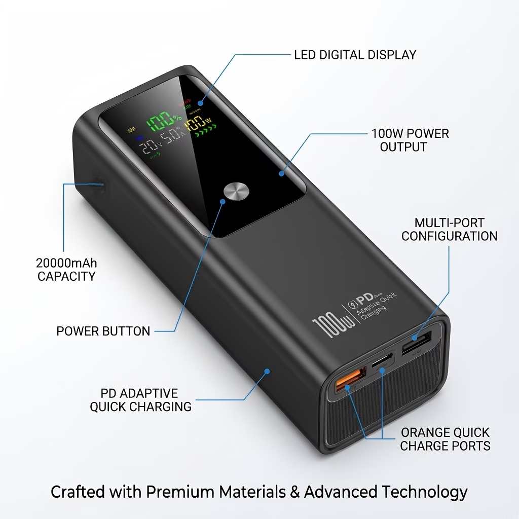 20000Mah 100W Ultra-Fast Charging High-Capacity Power Bank, Portable Charger & Iphone Charger Featuring LED Digital Display, Phone Additions Suitable for Laptops, Smartphones, Watches, Headphones, Perfect for Home, Office, And Outdoor Use