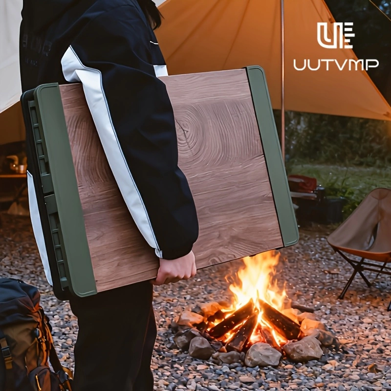 Collapsible storage box with wooden top—foldable, stackable, and suitable for outdoor camping, patio use, kitchen storage, and more.