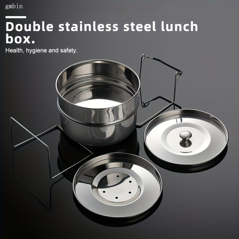 Double-layered 304 stainless steel lunch box, airtight, leak-proof, drop-resistant, durable, portable, and easy to clean. Suitable for office workers and students; microwave safe.