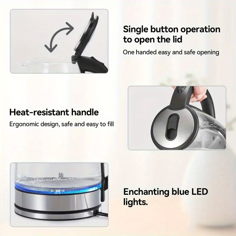 Electric Kettle, 67.63oz Large Capacity, Glass Electric Kettle, 1000W High Power, Anti-dry Burning And Rapid Heating, Suitable For Kitchen, Dining Room And Living Room, For Brewing Coffee And Milk, Saving More Heating Time And Being Safer.