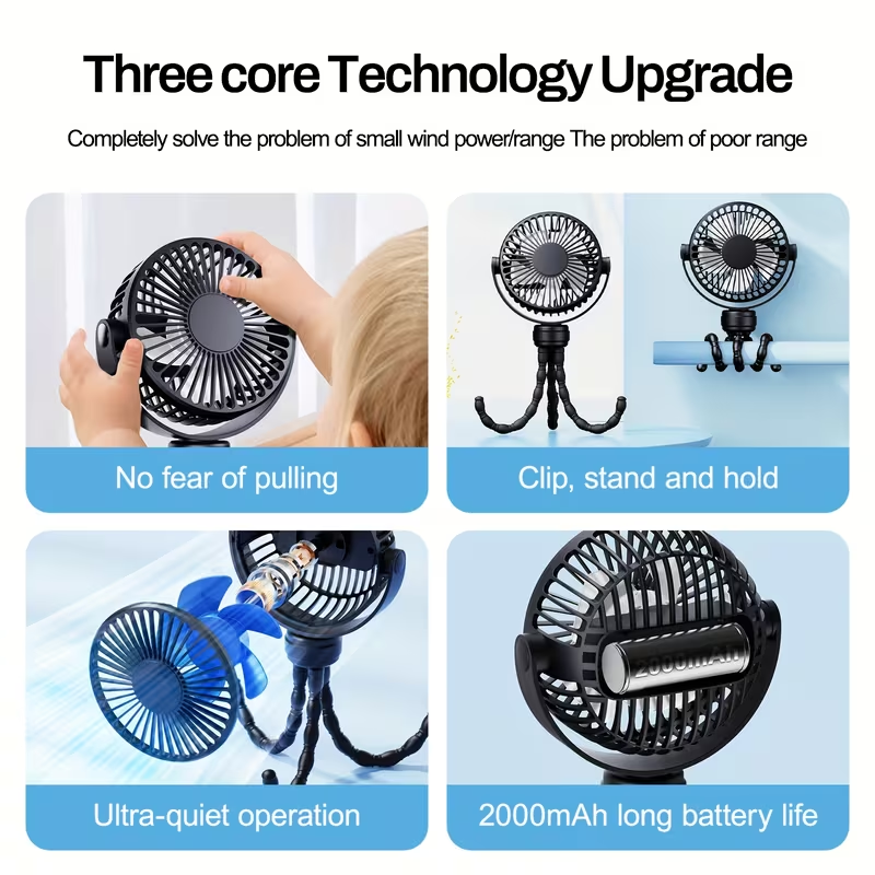 1pc Portable Stroller Fan, Battery-Powered Clip Fan with Detachable Face Cover, 3-Speed Adjustable, USB Rechargeable 360° Desktop Fan, Handheld Fan, Multi-Function Flexible Stand for Various Usage Scenarios