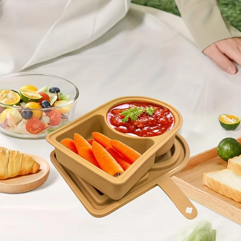 Food-grade silicone dip container with portable lid, reusable double compartment seasoning box, silicone snack box