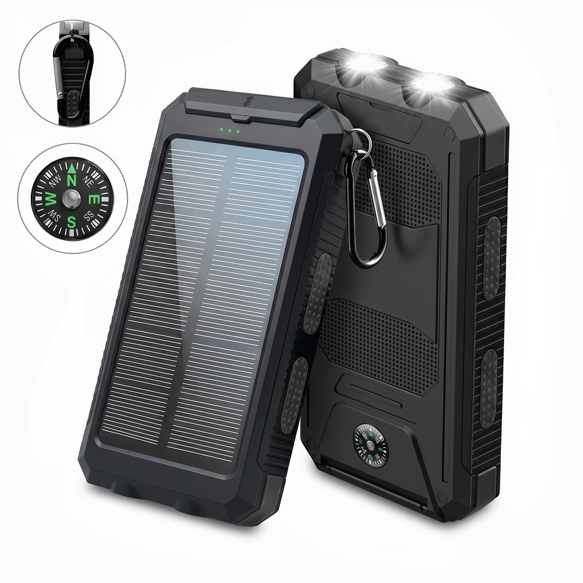 Portable Solar Mobile Phone Charger, Camping External Battery Charger For Mobile Phones, 2 USB/ LED Flashlights With Compass For Outdoor Activities, 20000mAh Portable Solar Power Bank
