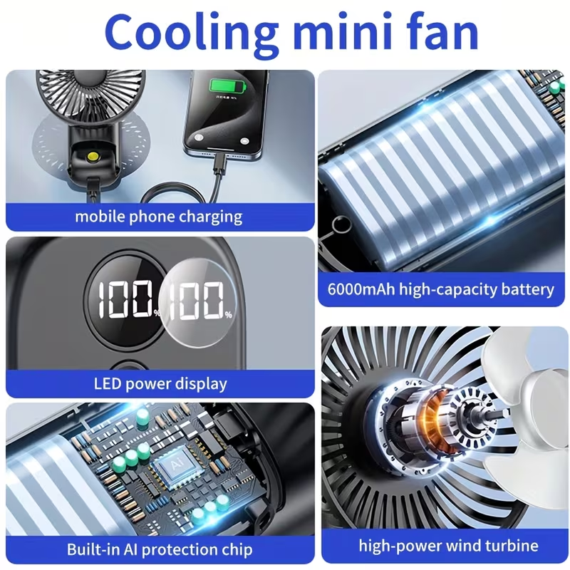 6000mAh Portable Handheld Fan 180° Foldable 5 Speeds Adjustable [6-22h Working Time] USB Rechargeable Small Desk Fan Foldable Personal Cooling Fan for Travel/Summer/Outdoor/Home/Office