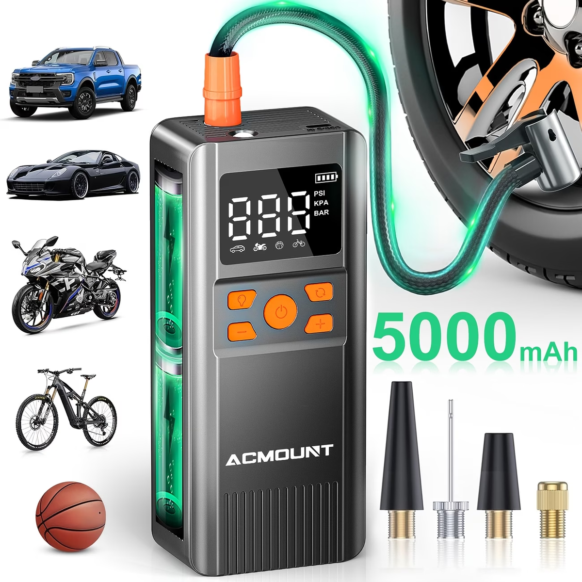 [Tire Inflator Portable Air Compressor] 150 PSI Fast Inflation | Rechargeable 5000mAh Large Capacity Battery | Digital Gauge | LED Light | Easy to Use | Longer Lasting, Acmount Cordless Car Air Inflator for Cars, Bikes, Motorcycles & Sports Balls