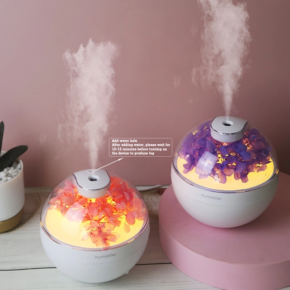 Preservative flower humidifier, USB multi-scene creative ultrasonic humidification and moisturizing spray, wired humidification, warm light mode, two spray levels, easy button operation, automatic power-off to prevent dry burning.