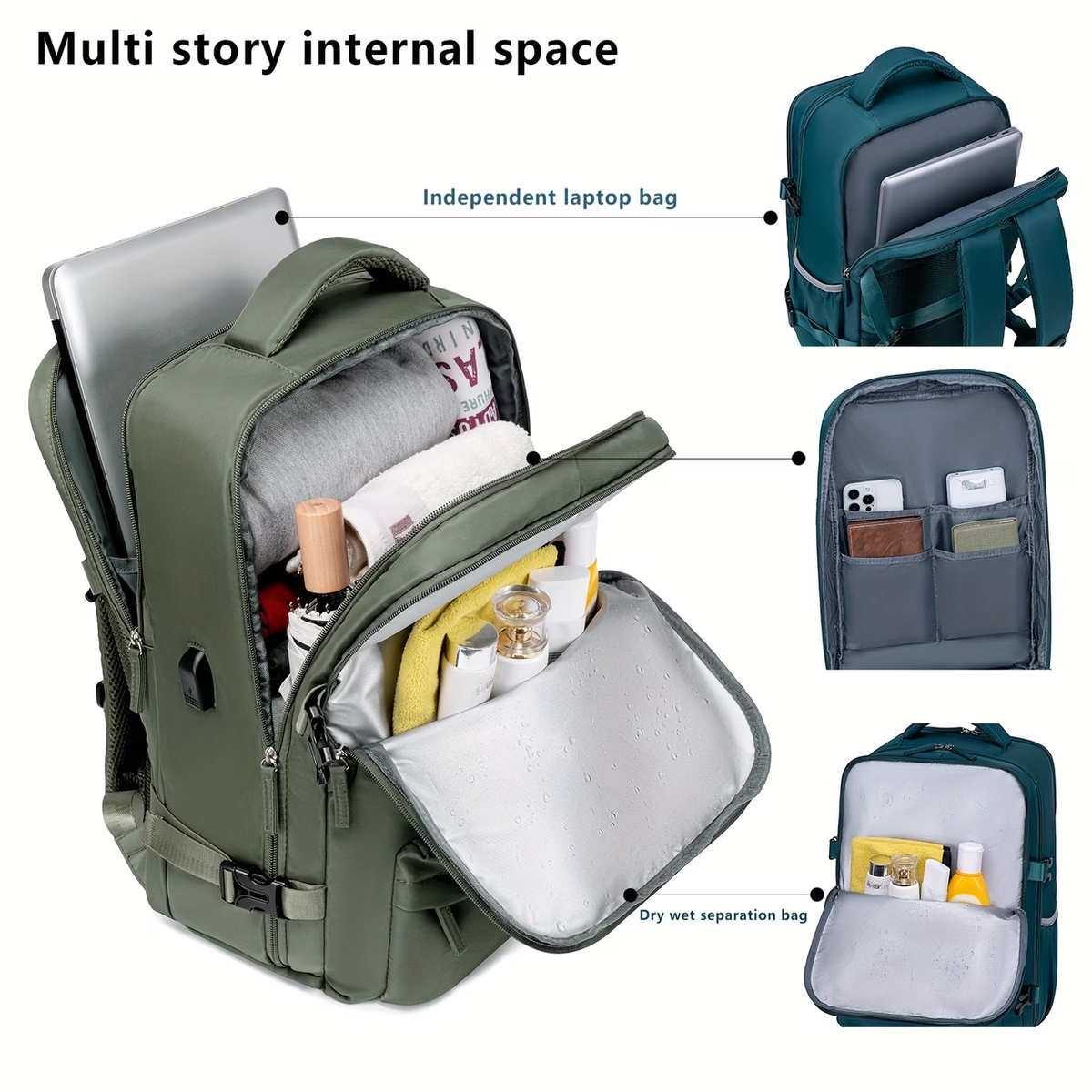 Airline-Approved Large Capacity Travel Backpack with 16" Laptop Compartment, Shoe Pocket & Multi-Pocket Organizer - Durable 180° Open Top, USB Charging, 360° Spinner Wheels for Business, Gym, School, Travel Backpack