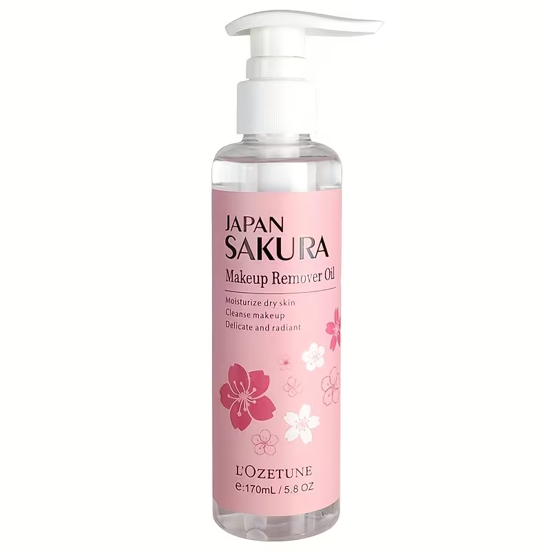 New Release 5.75oz Sakura Love Makeup Remover Oil, Contains Plant-Derived Squalane, Gentle Alcohol-Free Formula, Emulsifies in One Second, Refreshing and Non-Comedogenic, Suitable for Students and Women, A Must-Have for Daily Makeup Removal
