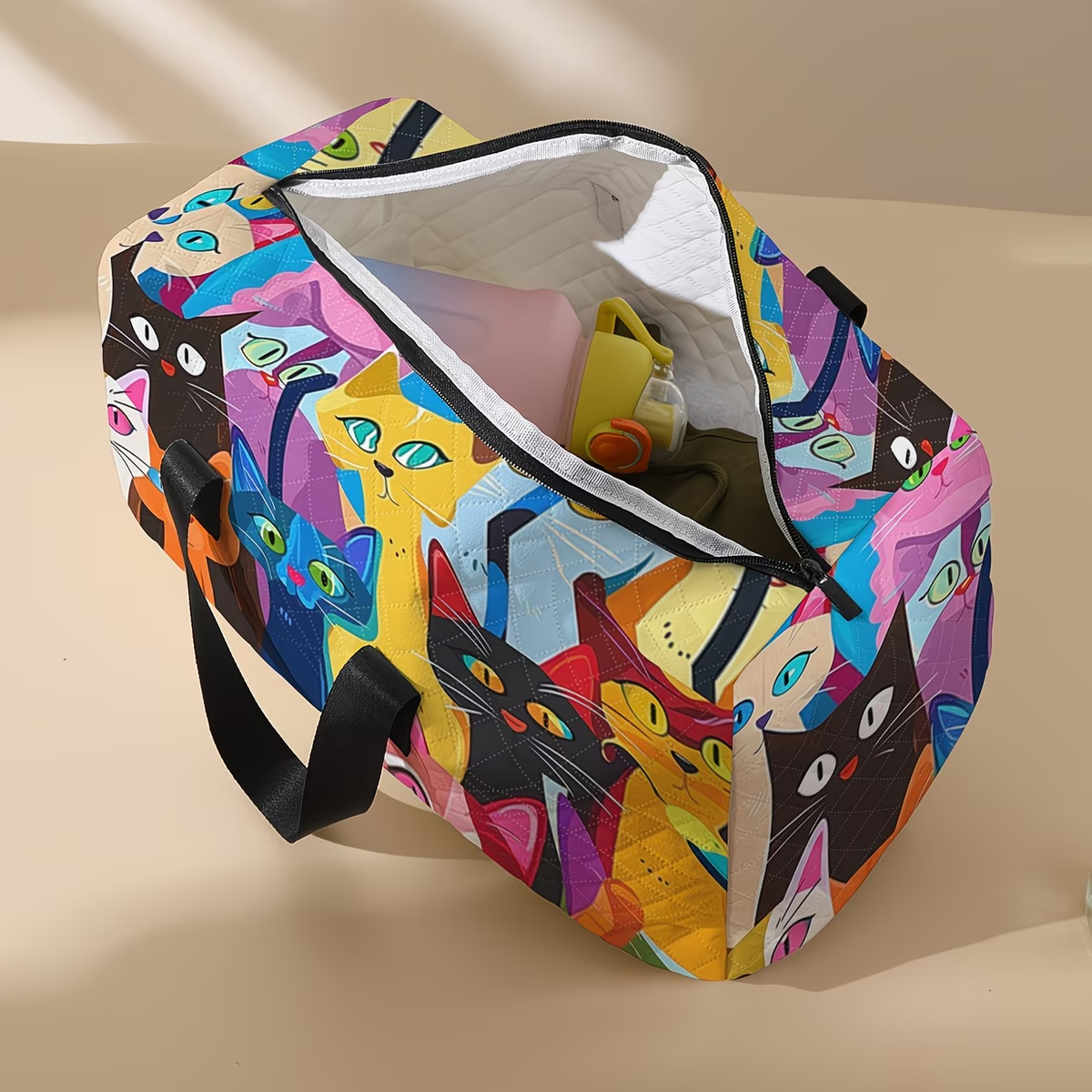 Cartoon Abstract Kitten Pattern Printed Handbag, Diamond Grid Large Capacity Travel Luggage Bag, Portable Overnight Bag, Fashionable Travel Bag, Yoga Training Bag, Portable Crossbody Bag with Shoe Storage