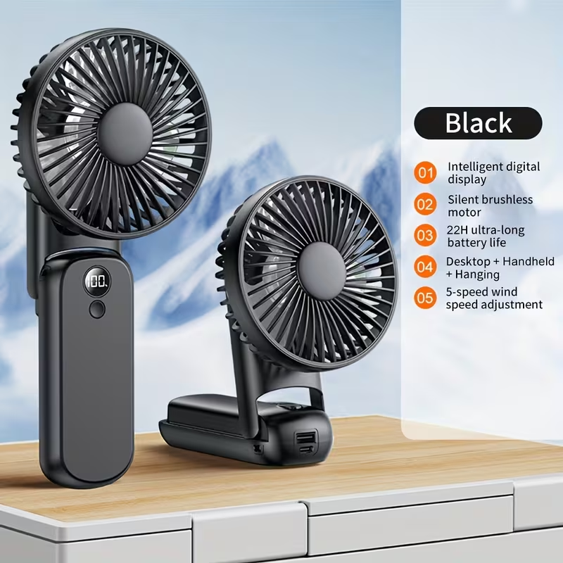 6000mAh Portable Handheld Fan 180° Foldable 5 Speeds Adjustable [6-22h Working Time] USB Rechargeable Small Desk Fan Foldable Personal Cooling Fan for Travel/Summer/Outdoor/Home/Office