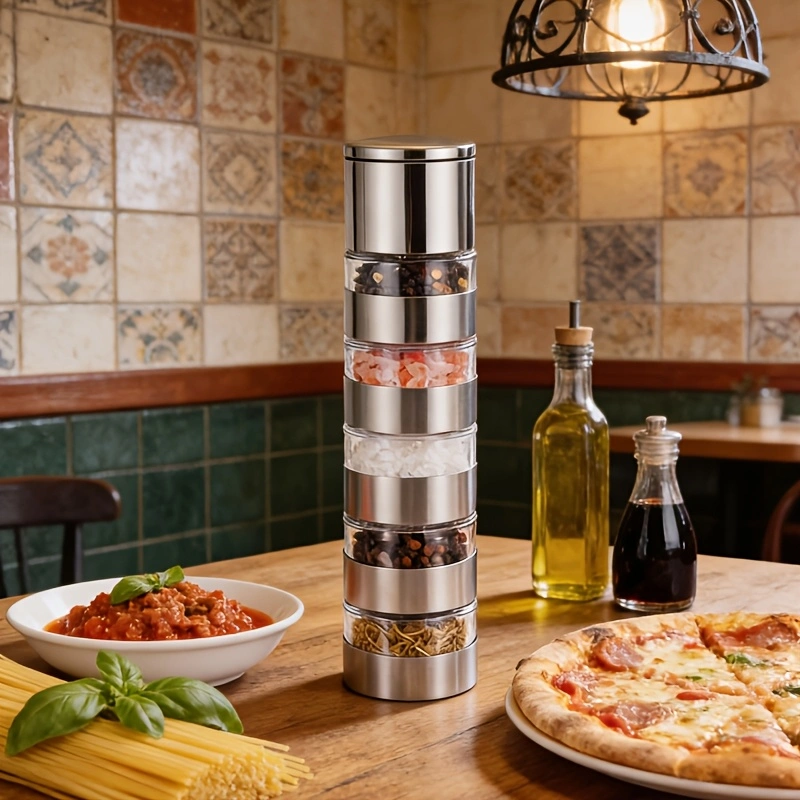 Five-layer stainless steel pepper grinder, a kitchen seasoning essential, with a transparent viewing chamber, rotary grinder, and adjustable coarseness.