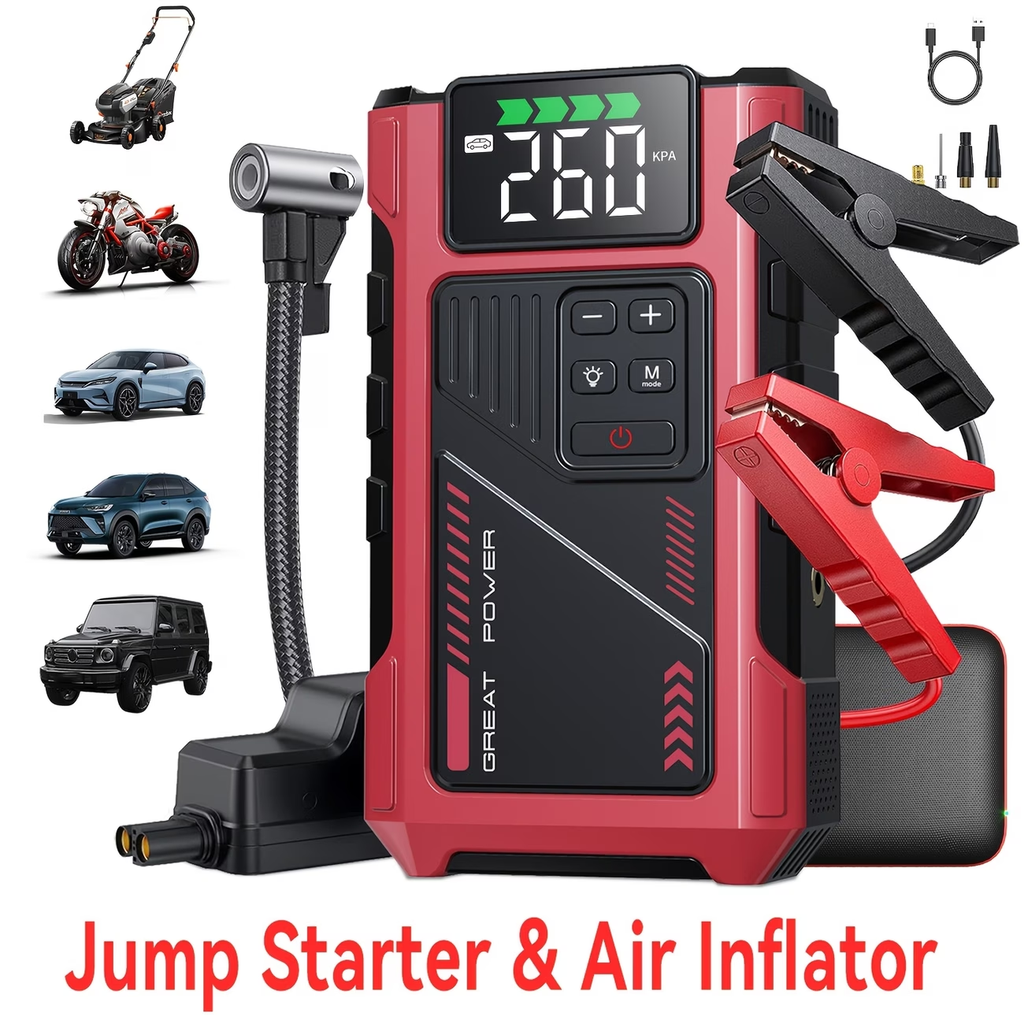 9-in-1 Portable Jump Starter with Air Compressor, Battery Jump Starter Portable Peak, Car Battery Charger Portable For12V(8.0LGas/1.72gal Diesel) Start The Car Quickly, USB Input/output, LED Emergency, Car Accessories Tools, Wireless Car Air