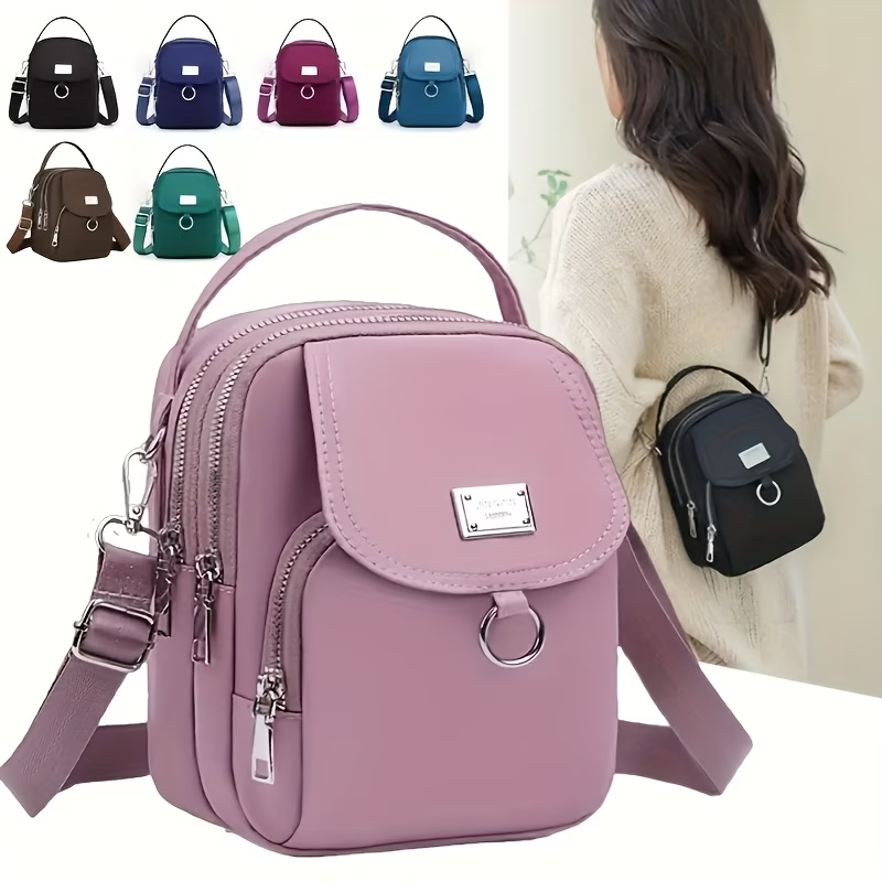 OGEHUAFEE Women'S Light Blue Nylon Shoulder Bag - Casual Mini Crossbody with Adjustable Strap, Multi-Layer, External Headphone Hole, Solid Color, Secure Zip Closure, Small Crossbody Bag