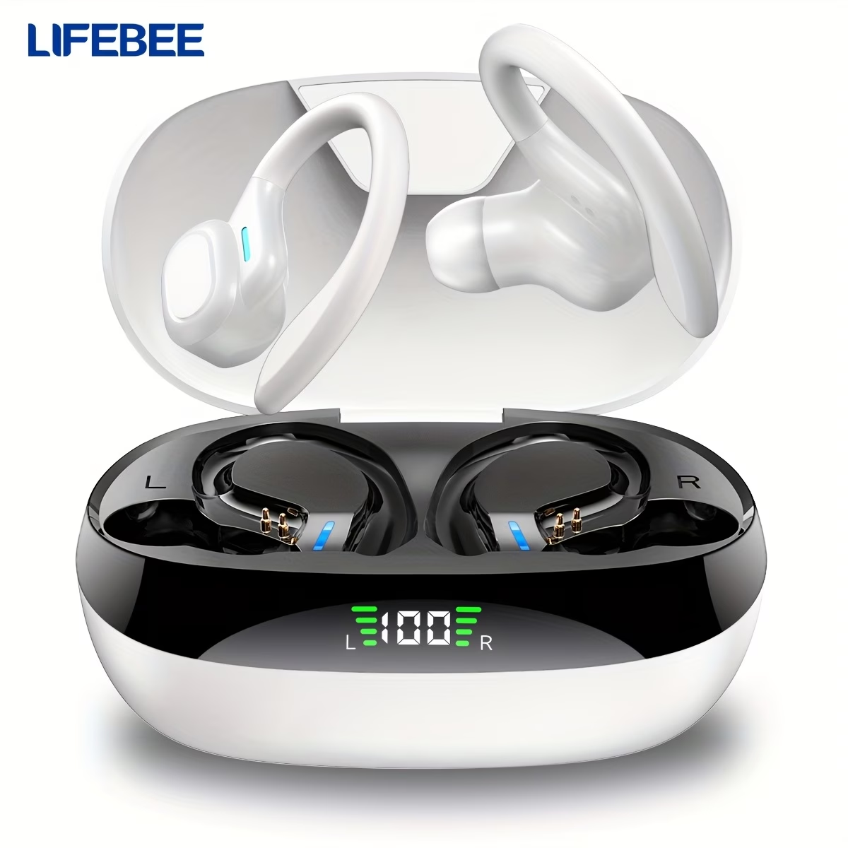 LIFEBEE Wireless Running Earbuds with Earhooks, Noise Cancelling Headphones for Sports, Dual-LED Display, Pure Bass Sound, Built-in Microphone