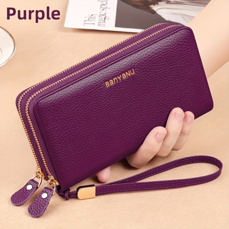 Women'S Long Wallet, Stylish And Spacious, Made of Top-Layer Cowhide, Double Zipper Genuine Leather Clutch Bag 9009